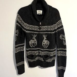 TNA: Cozy Black and Gray Zip Shawl Collar Sweater with Reindeer Motif. Sz L.